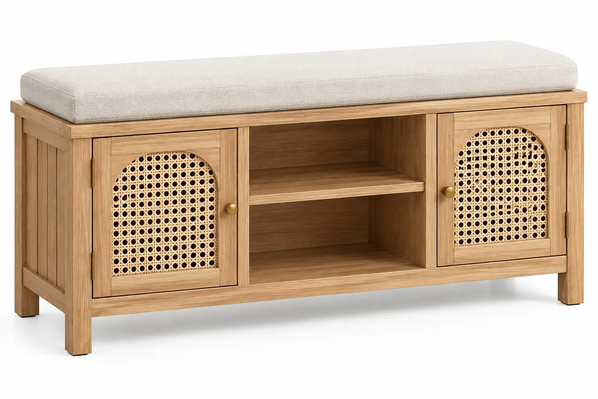 Banco con asiento acolchado con detalles de entramado y estantes, marrón y beige
