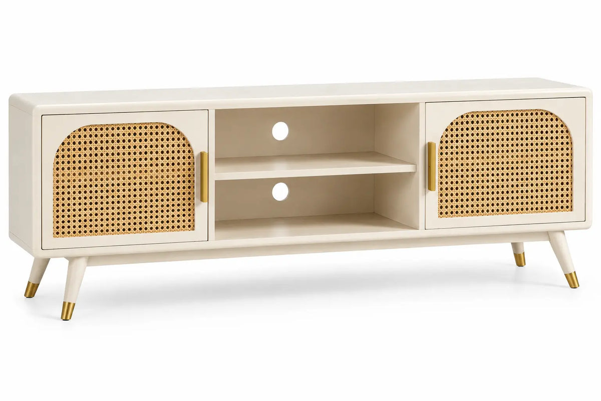 Mueble bajo para televisión con detalles de entramado y estantes, blanco y marrón