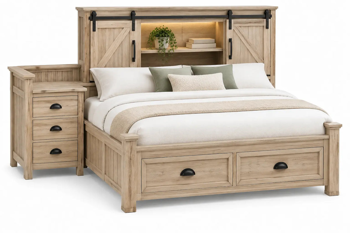 Estructura de cama con cabecero con cajones y estantes, marrón