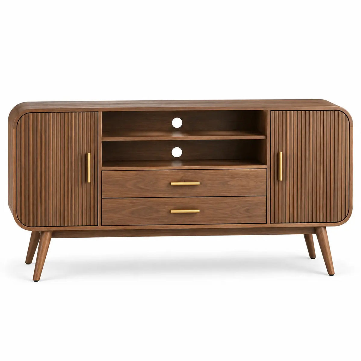Mueble bajo para televisión con detalles de líneas verticales y cajones, marrón