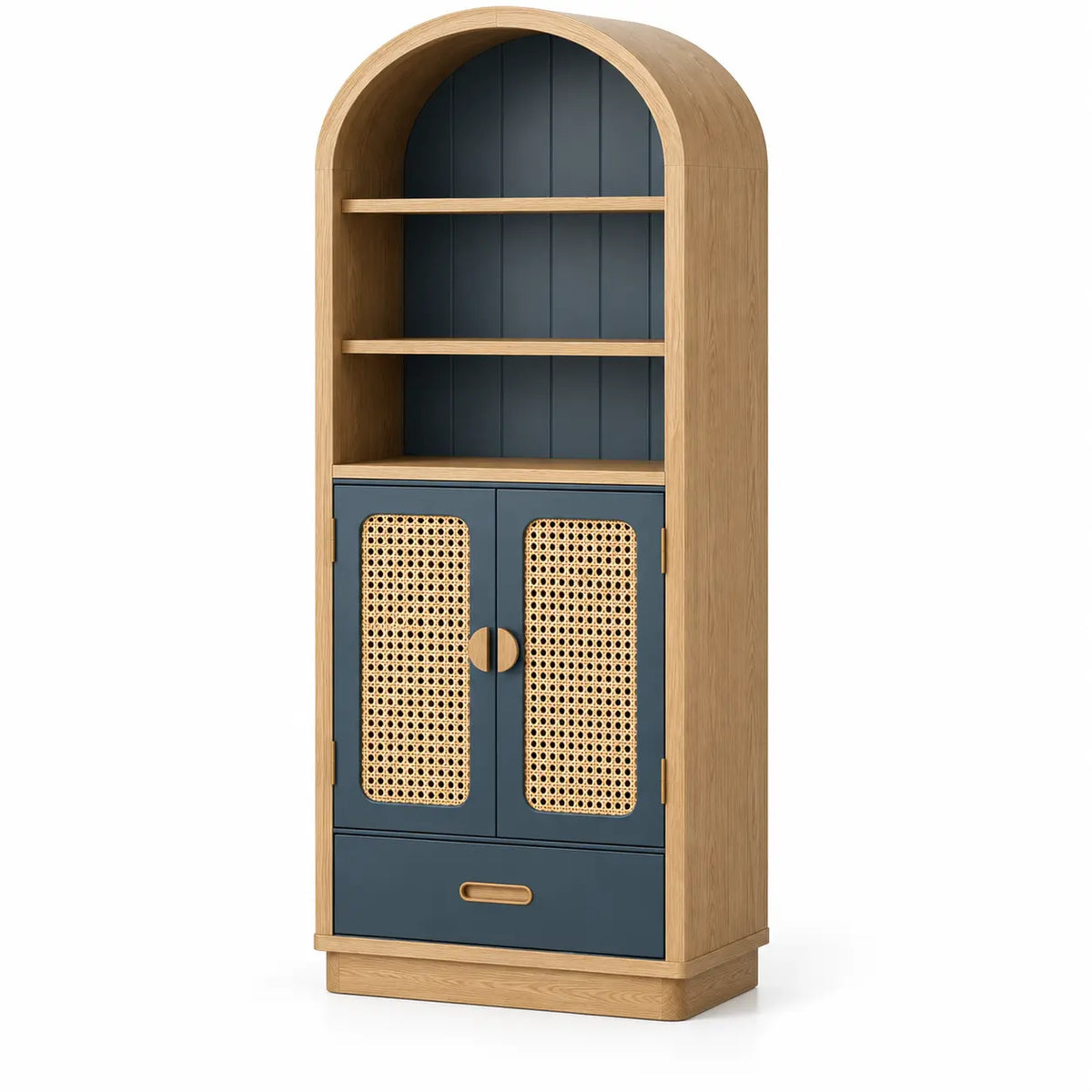 Estantería con almacenamiento con formas arqueadas y detalles de entramado, marrón y azul
